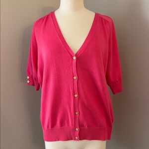 Lands' End Vibrant Pink Cardigan with Gold Button Detail SzL